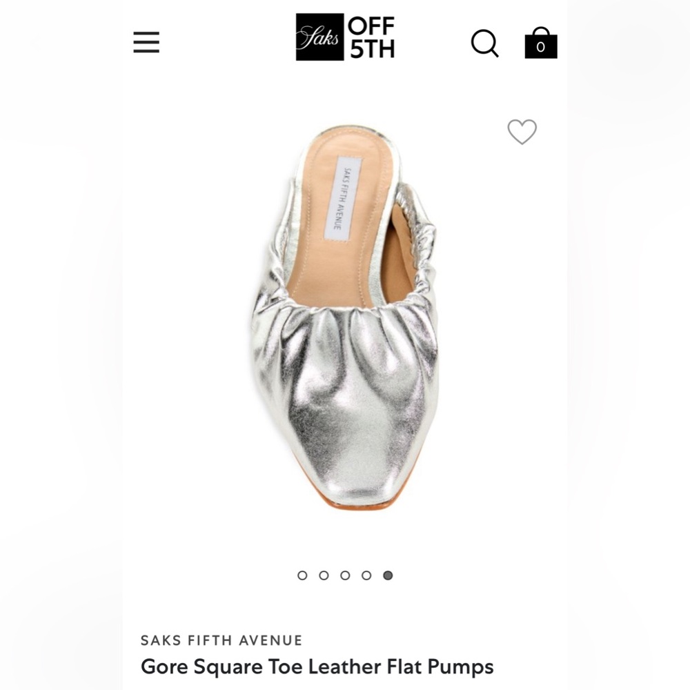 Saks Gore Square Toe Leather Flat Pumps. Silver Ballet Flats Mules, Size 9.5